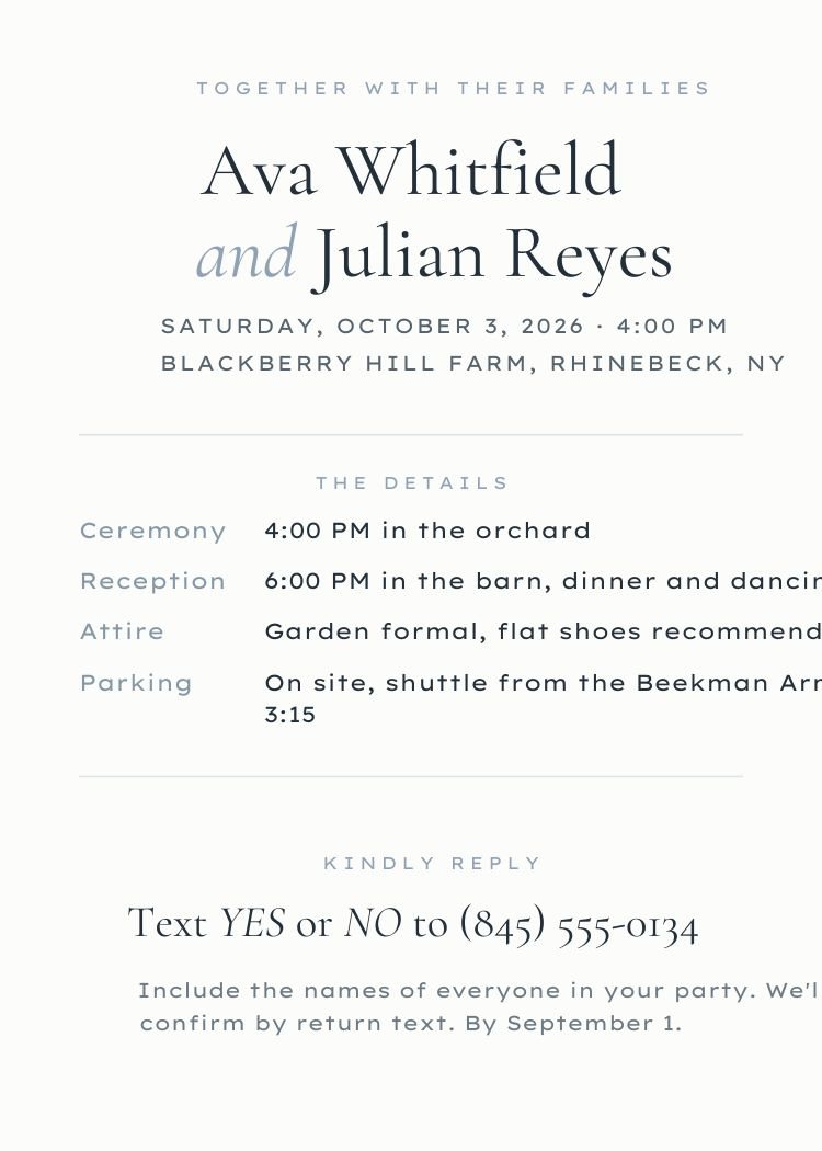 All-in-One — classic dusty blue wedding invitation template, editable in Canva