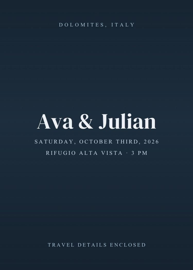 Alpine Mountain — elegant navy wedding invitation template, editable in Canva