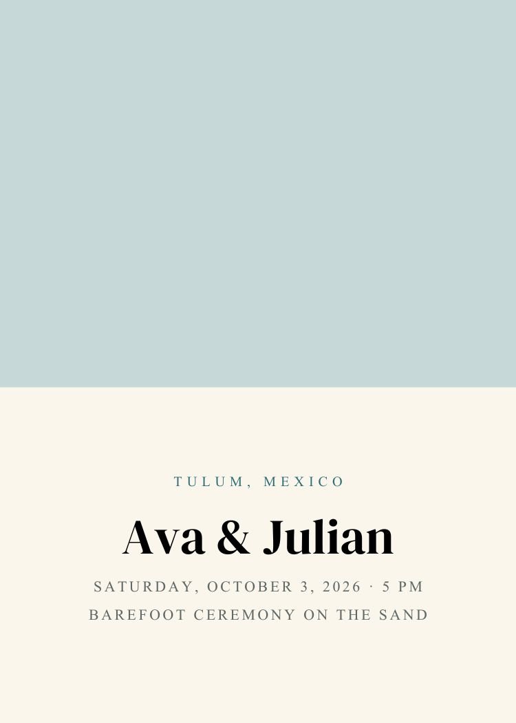 Beach — minimalist dusty blue wedding invitation template, editable in Canva