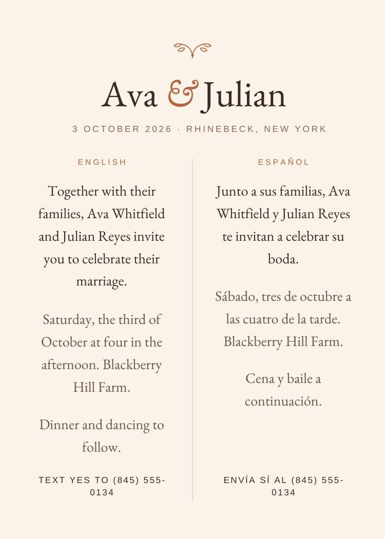 Bilingual — classic terracotta wedding invitation template, editable in Canva