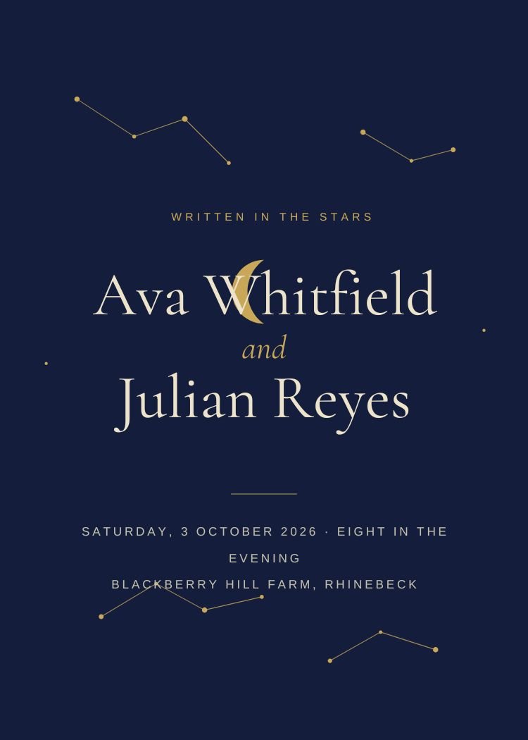 Celestial Night Sky — whimsical navy wedding invitation template, editable in Canva