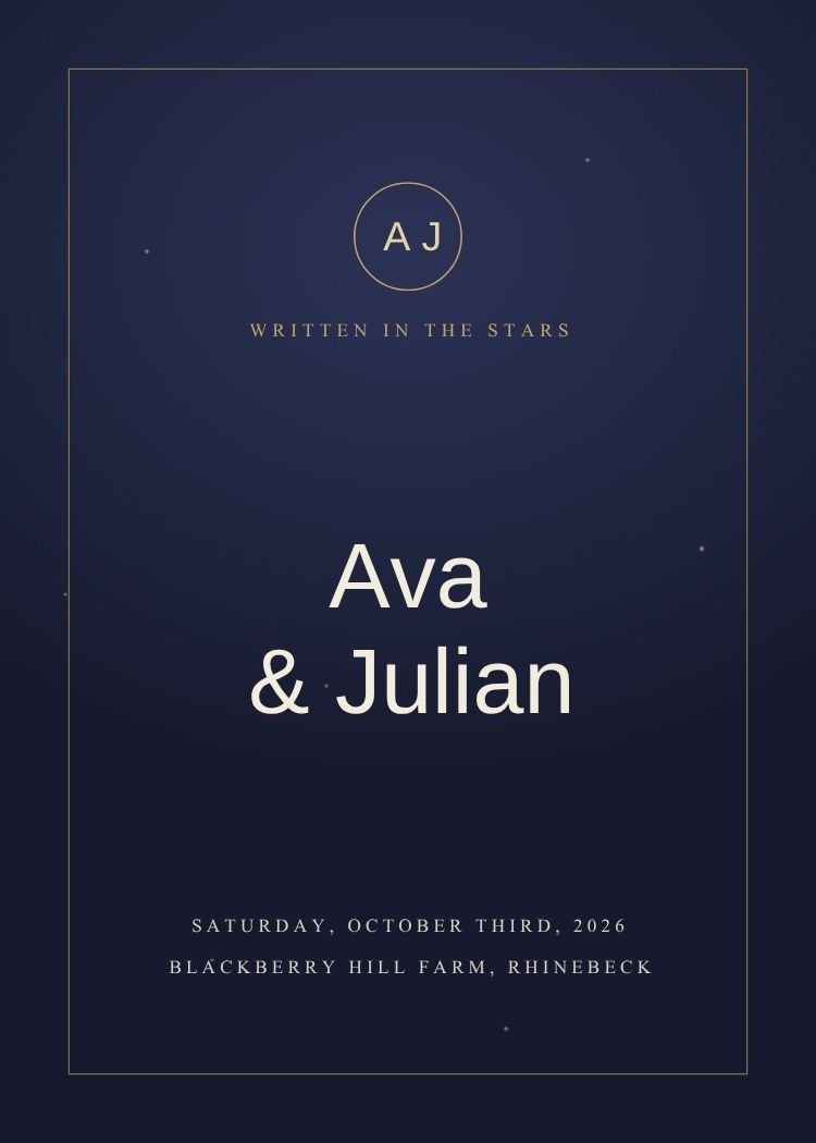 Celestial — modern navy wedding invitation template, editable in Canva