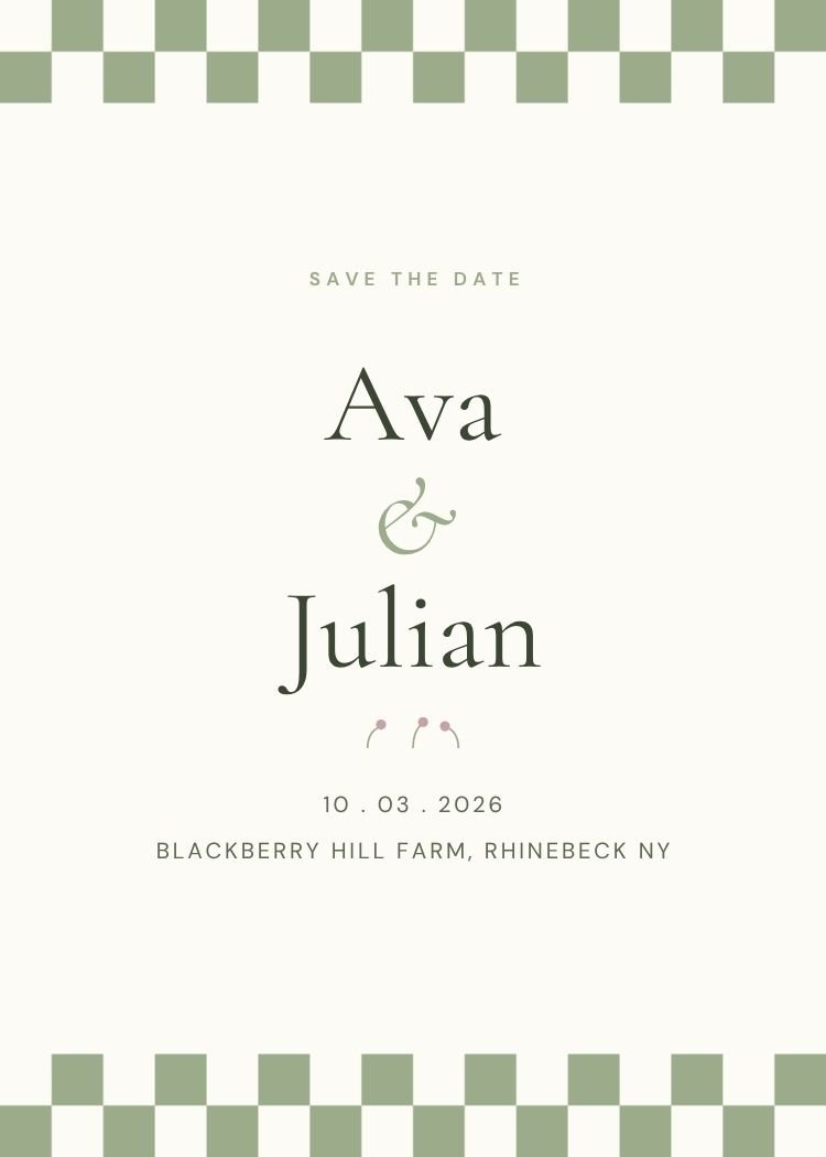 Checkerboard — retro sage green wedding invitation template, editable in Canva