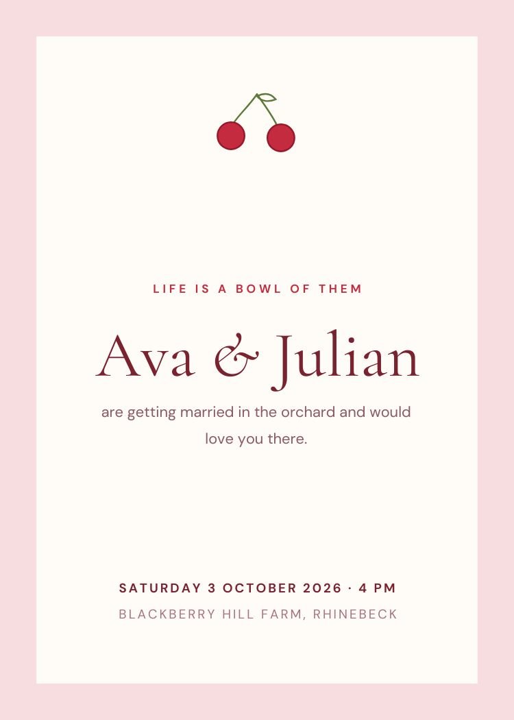 Cherry — whimsical pink & red wedding invitation template, editable in Canva
