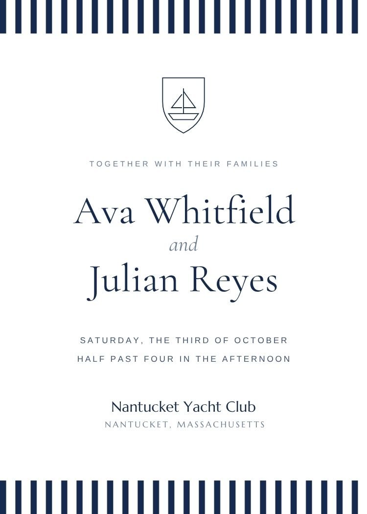 Coastal Preppy — classic navy wedding invitation template, editable in Canva