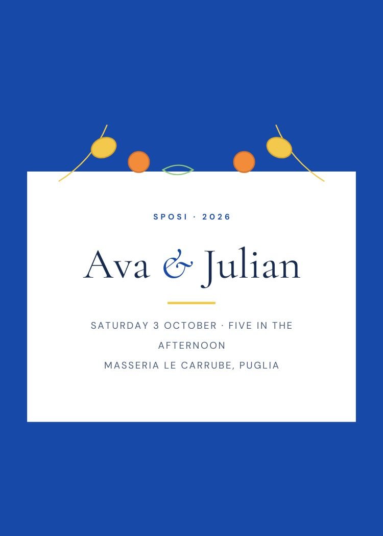 Cobalt Blue and Citrus — modern navy wedding invitation template, editable in Canva