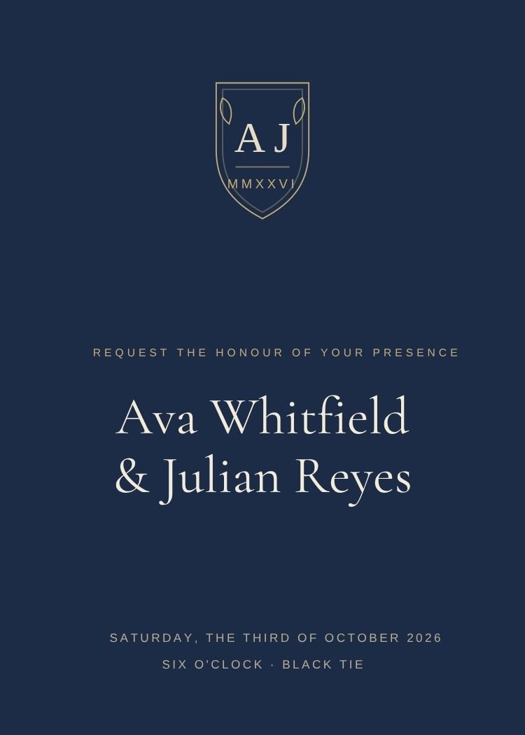 Custom Crest — classic navy wedding invitation template, editable in Canva