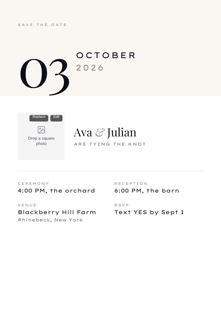 Date Block — modern neutral & ivory wedding invitation template, editable in Canva