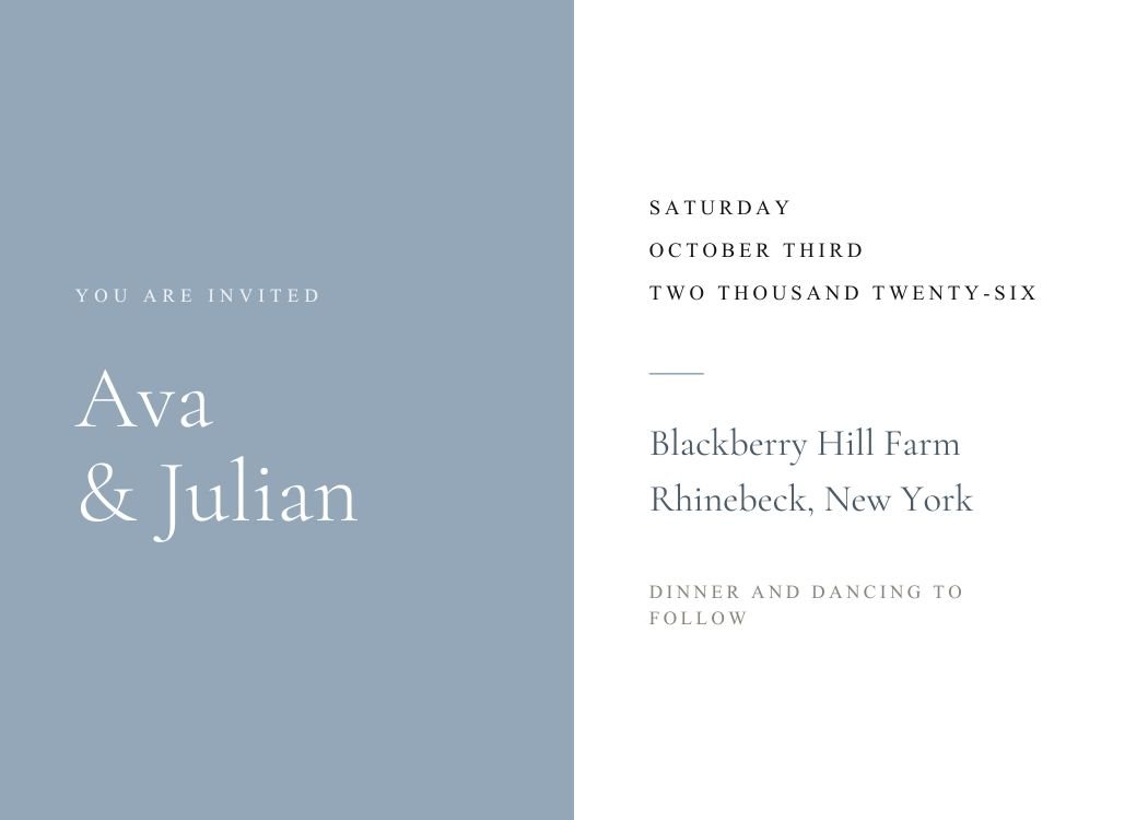 Dusty Blue — elegant dusty blue wedding invitation template, editable in Canva