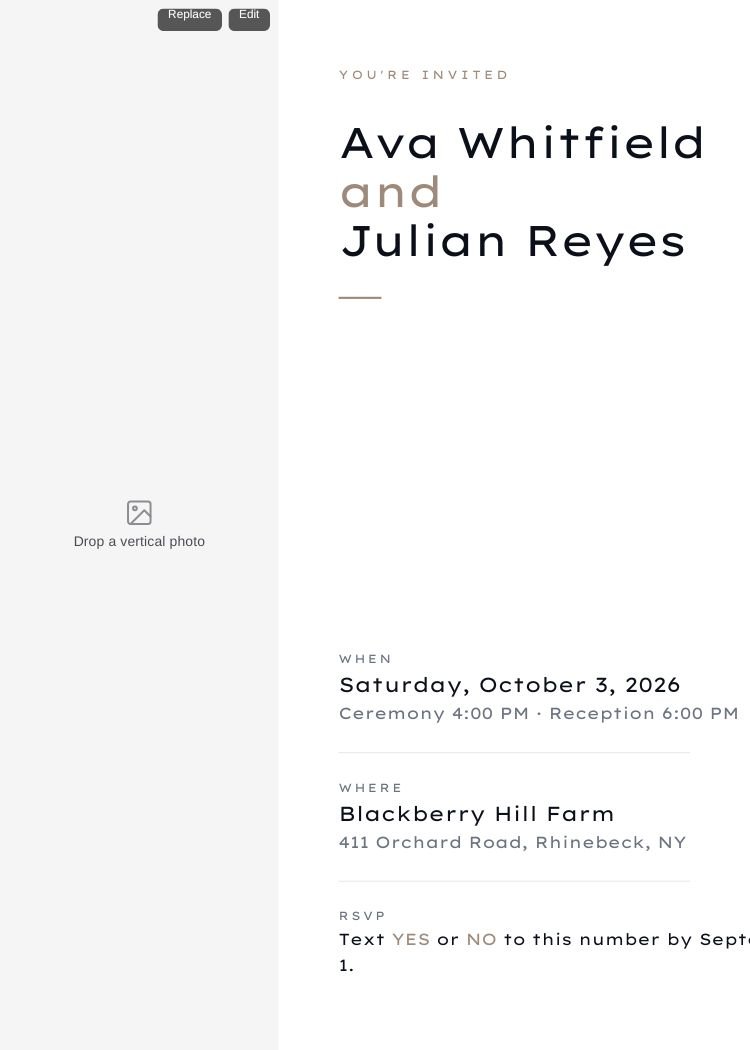 Editorial Split — modern neutral & ivory wedding invitation template, editable in Canva