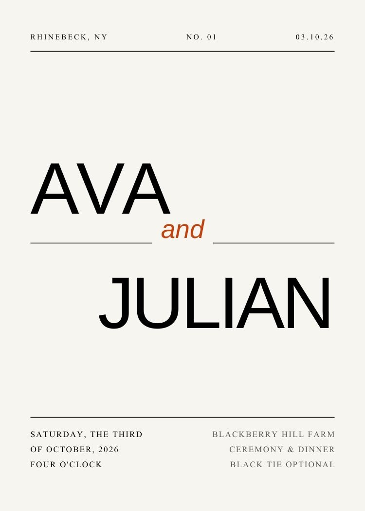 Editorial Typography — modern black & white wedding invitation template, editable in Canva