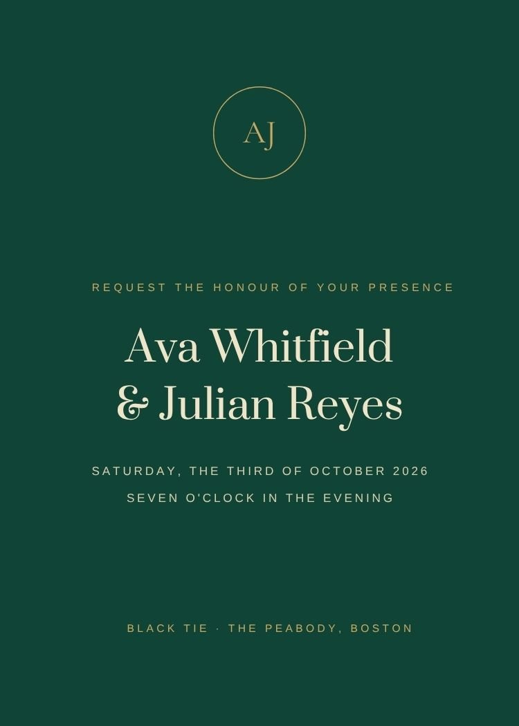 Emerald and Gold — elegant emerald green wedding invitation template, editable in Canva