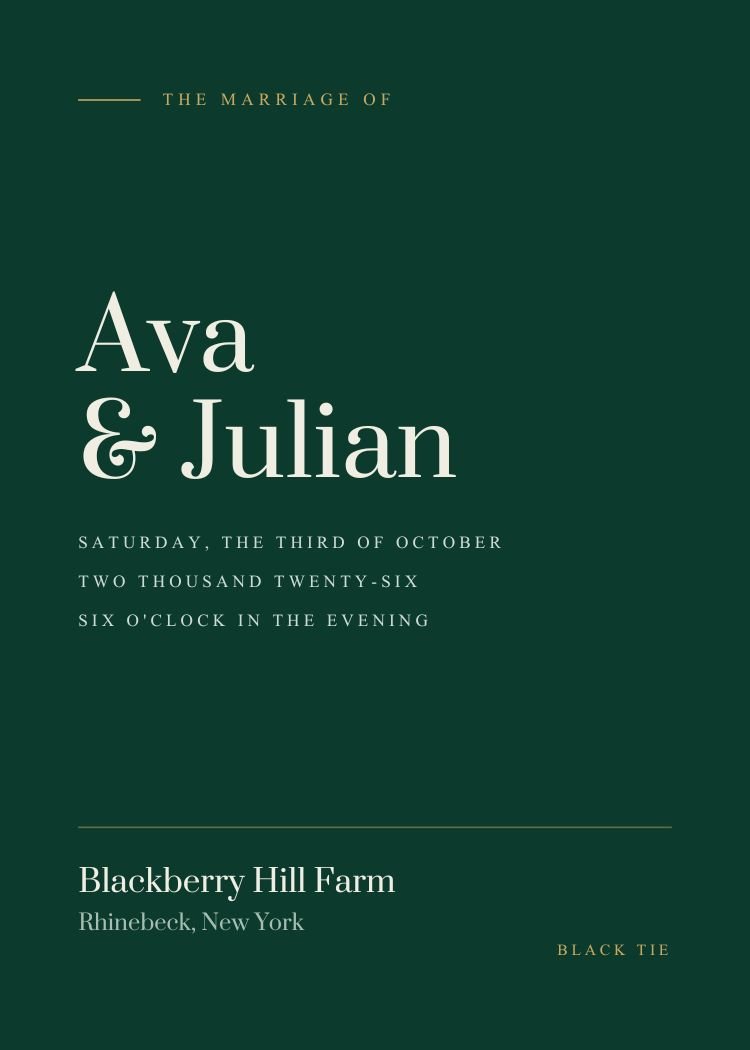 Emerald — modern emerald green wedding invitation template, editable in Canva