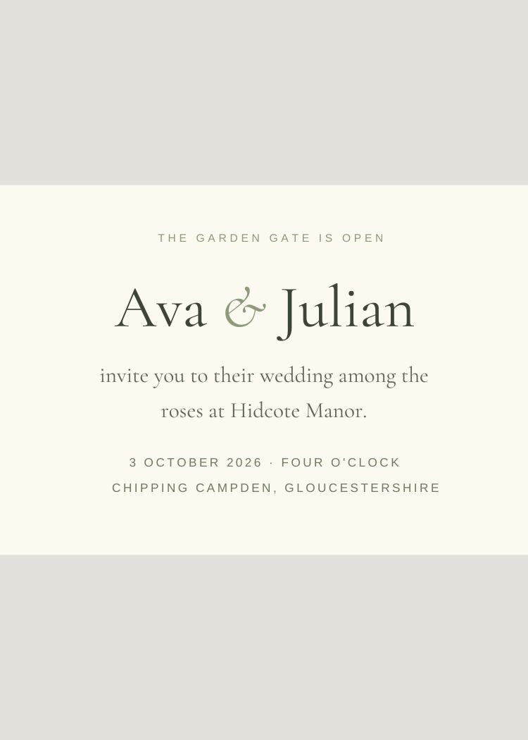 English Garden — classic neutral & ivory wedding invitation template, editable in Canva