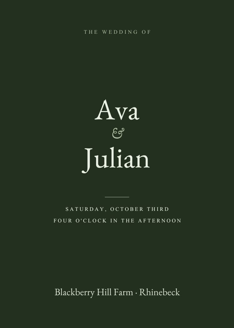 Fern — minimalist emerald green wedding invitation template, editable in Canva