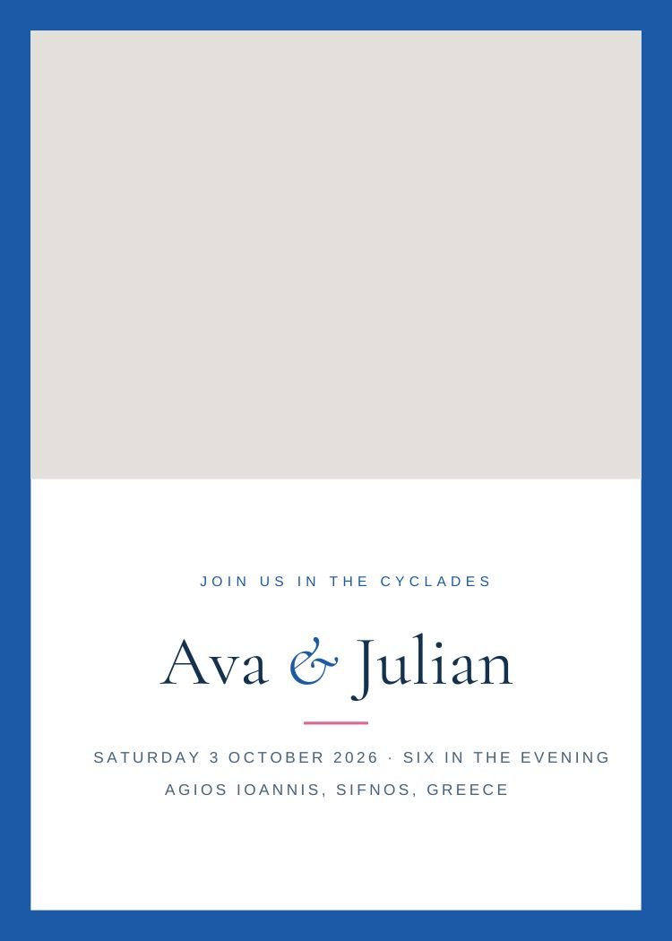 Greek Island — classic navy wedding invitation template, editable in Canva