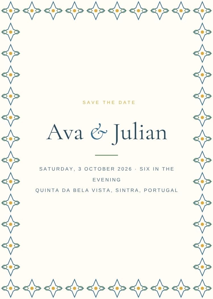 Hand-Painted Tile — whimsical navy wedding invitation template, editable in Canva