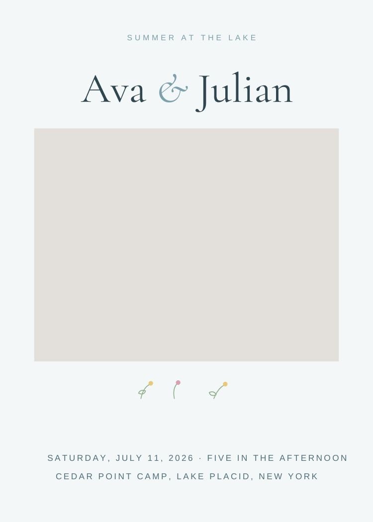 Lakeside — minimalist dusty blue wedding invitation template, editable in Canva