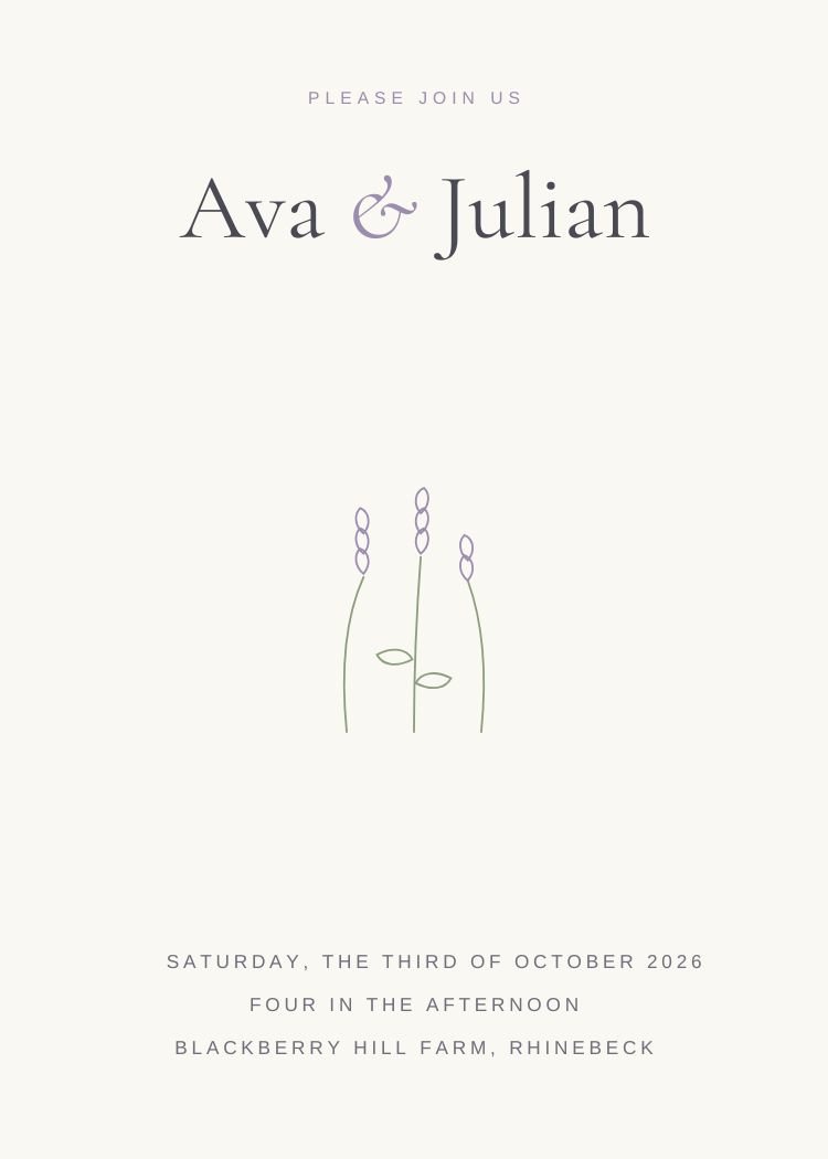 Lavender and Sage — botanical lavender wedding invitation template, editable in Canva