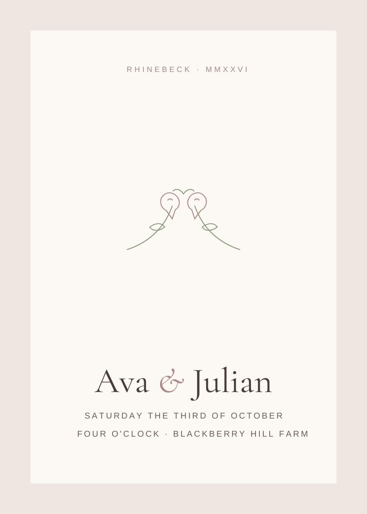 Lovebird — minimalist blush wedding invitation template, editable in Canva