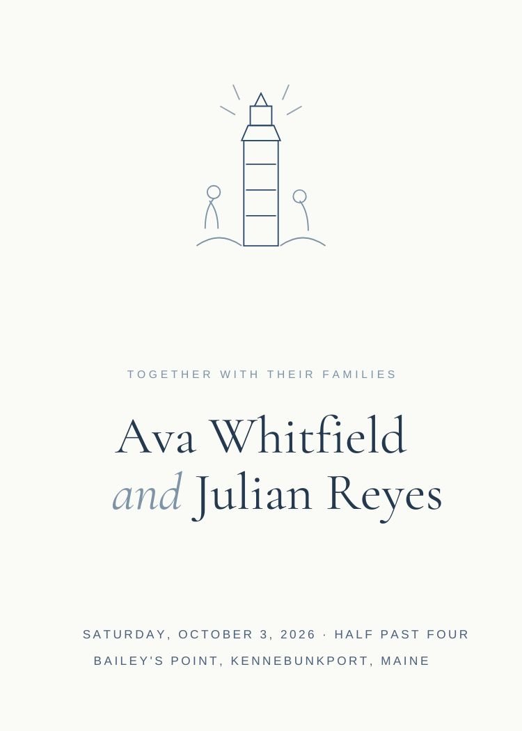 New England Coastal — whimsical dusty blue wedding invitation template, editable in Canva