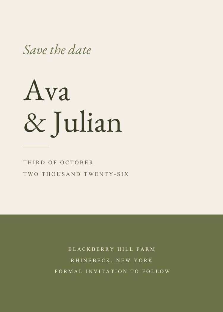 Olive Branch — minimalist sage green wedding invitation template, editable in Canva