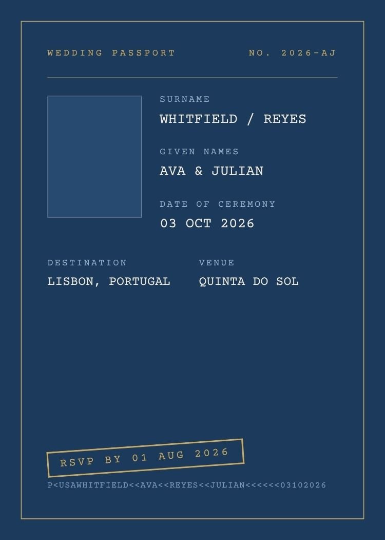 Passport — whimsical navy wedding invitation template, editable in Canva