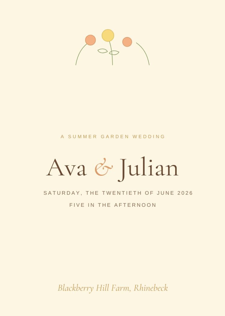 Peach and Butter Yellow — whimsical yellow & citrus wedding invitation template, editable in Canva