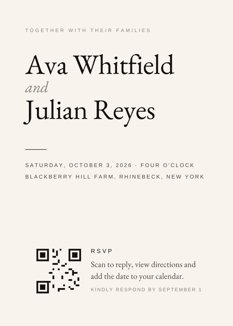 QR Code — classic neutral & ivory wedding invitation template, editable in Canva
