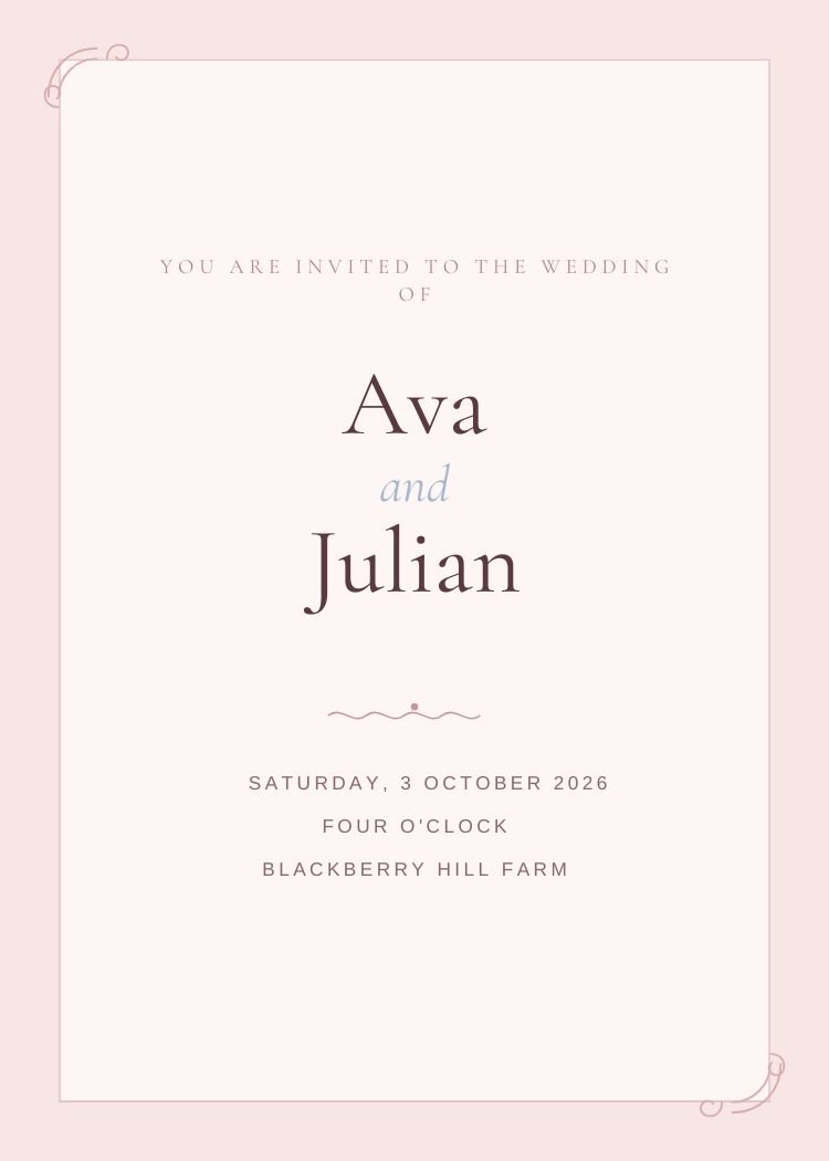 Rococo — elegant blush wedding invitation template, editable in Canva