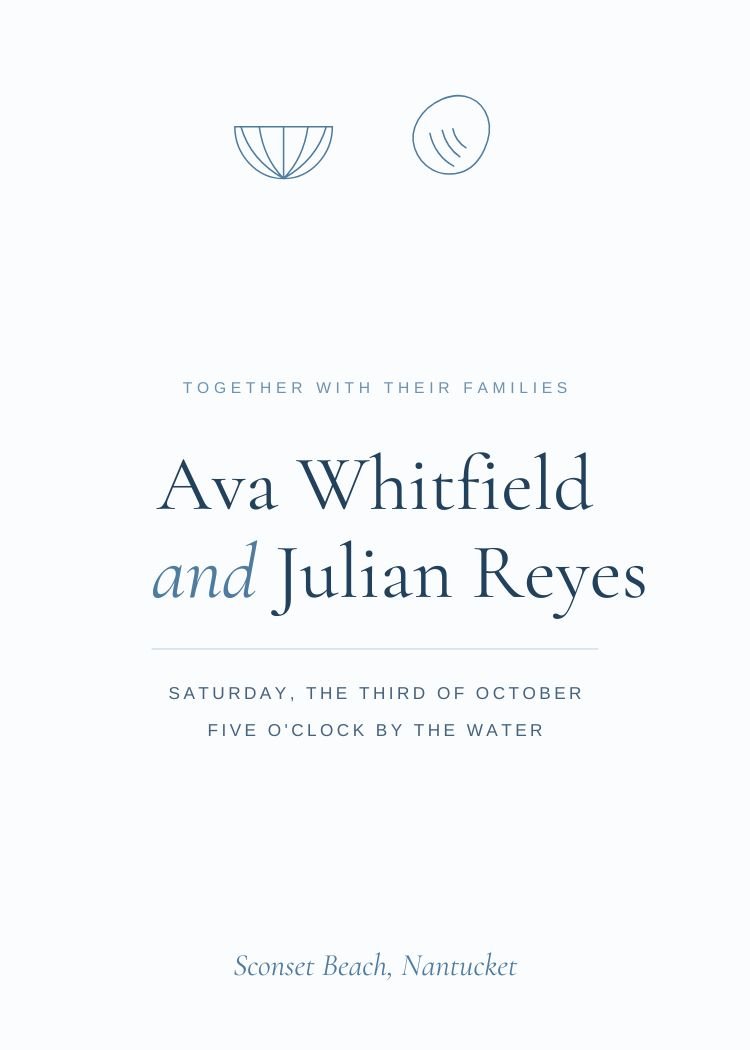 Seashell — minimalist dusty blue wedding invitation template, editable in Canva