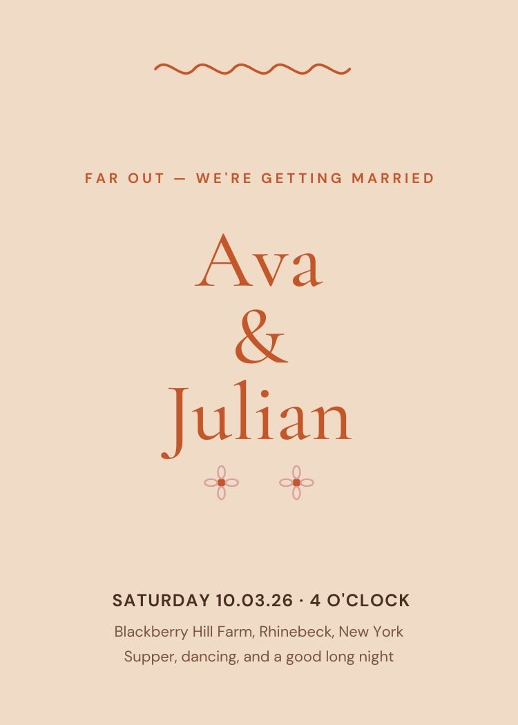 Seventies Retro — retro terracotta wedding invitation template, editable in Canva