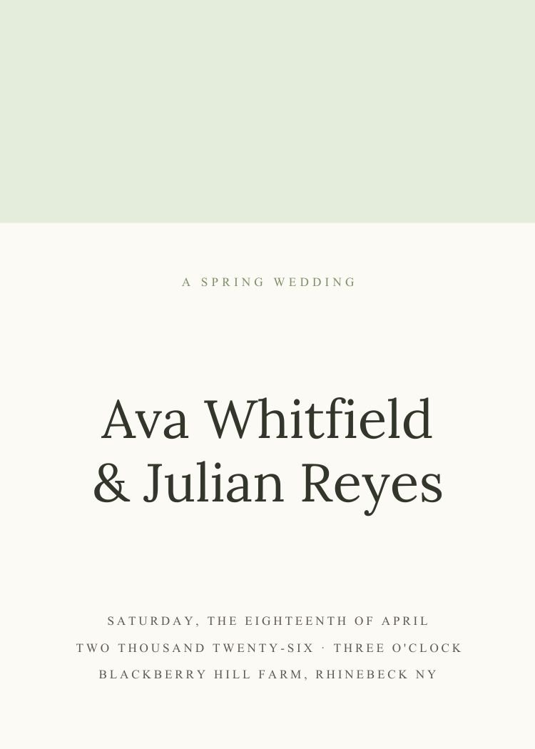 Spring — minimalist sage green wedding invitation template, editable in Canva