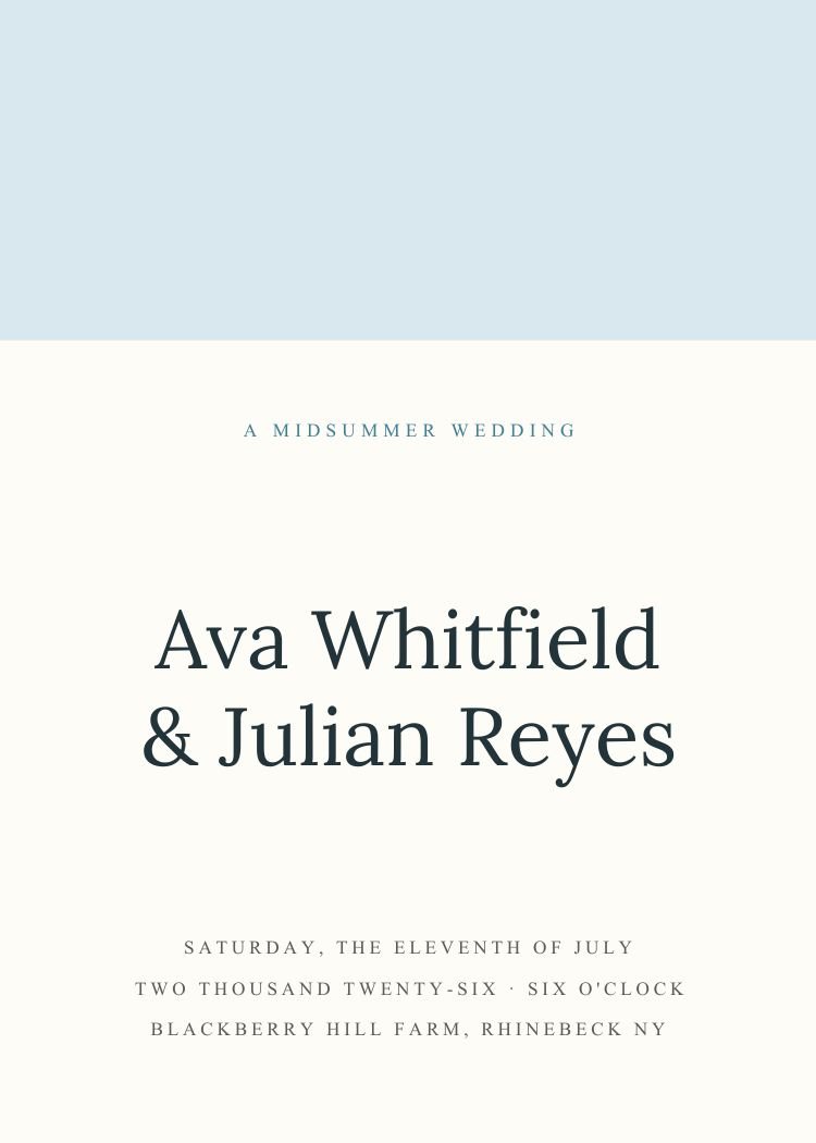 Summer — minimalist dusty blue wedding invitation template, editable in Canva
