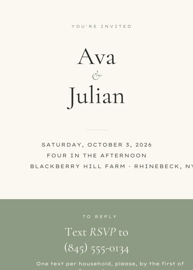 Text RSVP — classic sage green wedding invitation template, editable in Canva