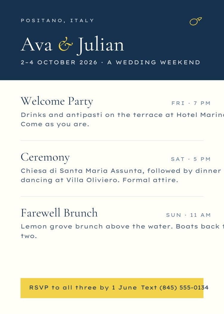 Weekend Itinerary — elegant navy wedding invitation template, editable in Canva