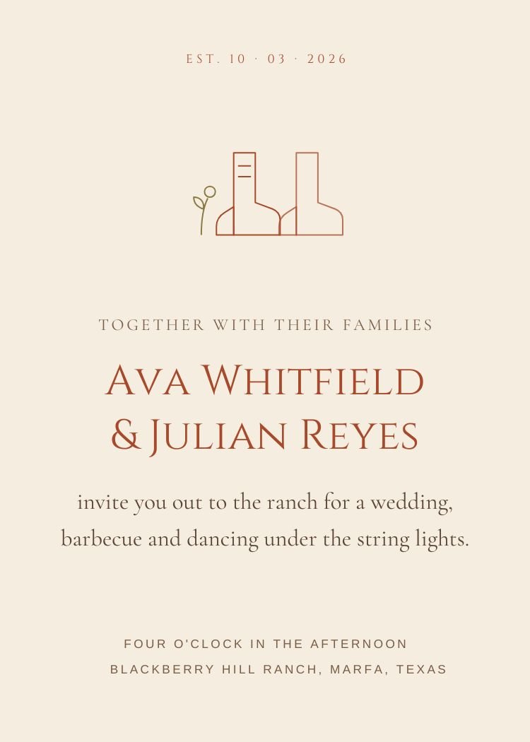 Western — rustic terracotta wedding invitation template, editable in Canva