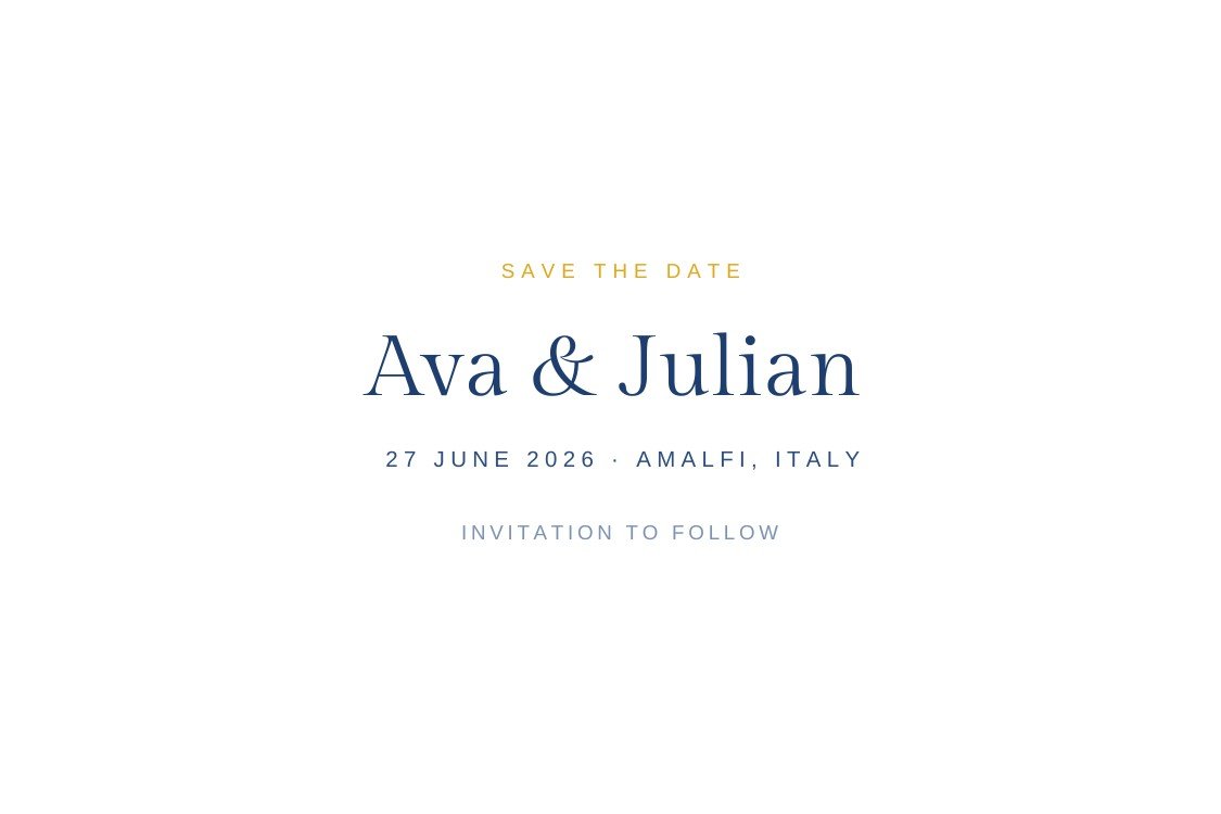 Amalfi Minimal — minimalist navy save the date template, editable in Canva