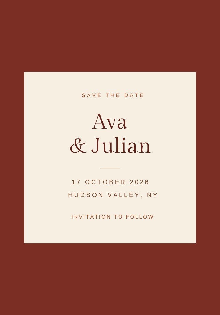 Autumn Rust — minimalist terracotta save the date template, editable in Canva