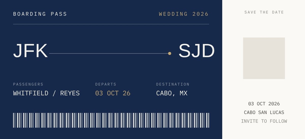 Boarding Pass — modern navy save the date template, editable in Canva