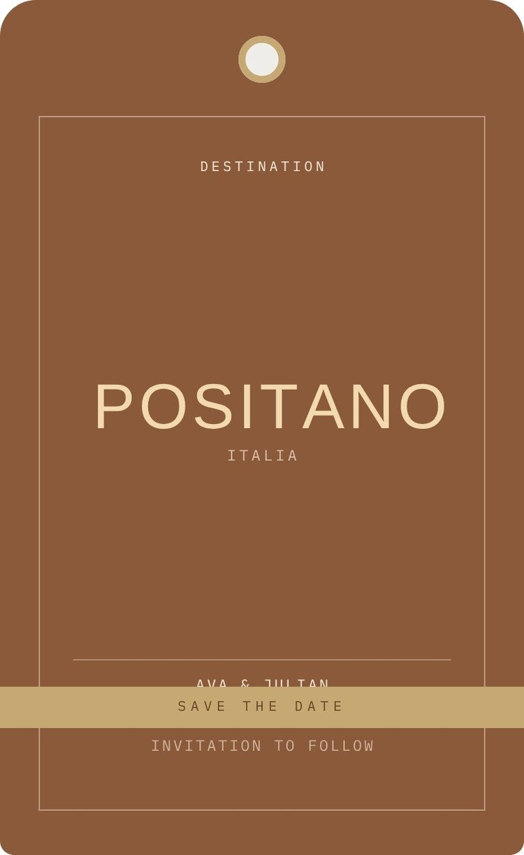 Luggage Tag — whimsical brown save the date template, editable in Canva