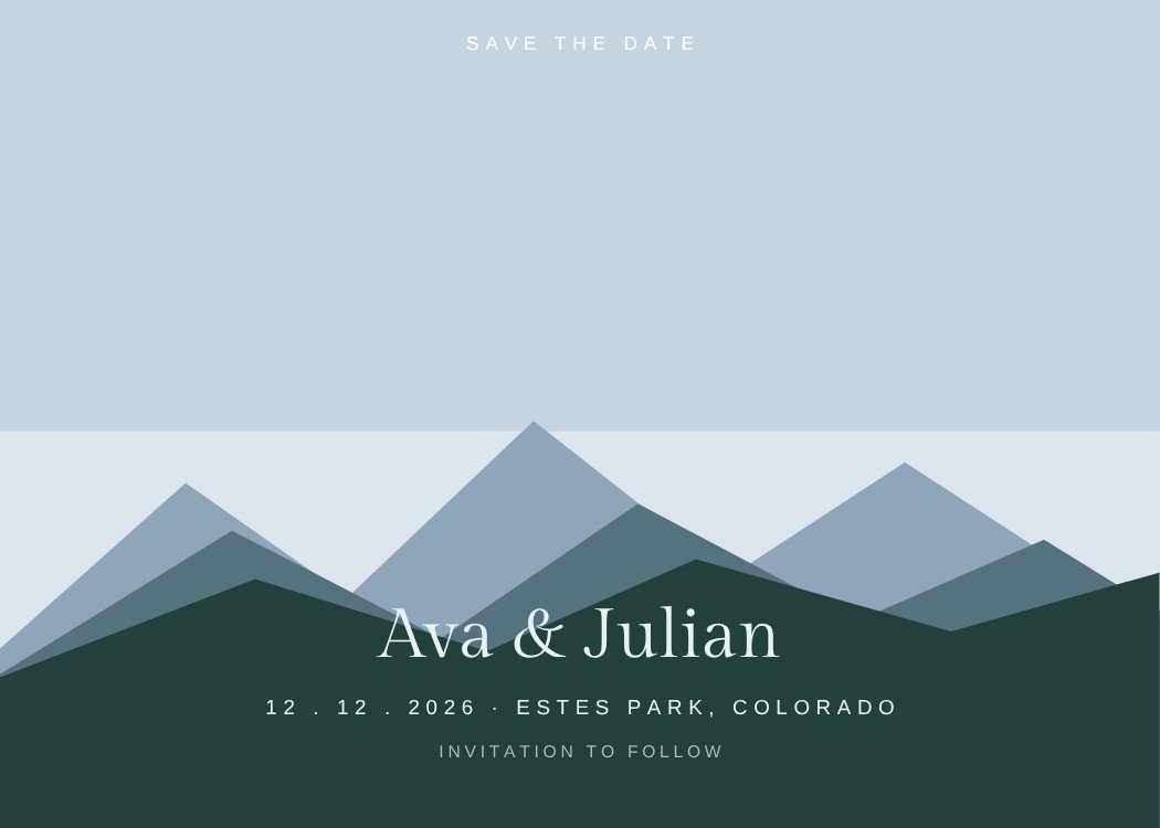 Mountain Ridge — minimalist dusty blue save the date template, editable in Canva