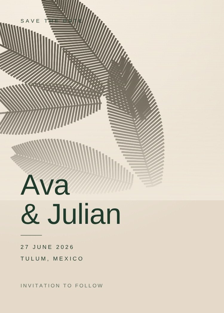 Palm Shadow — modern neutral save the date template, editable in Canva