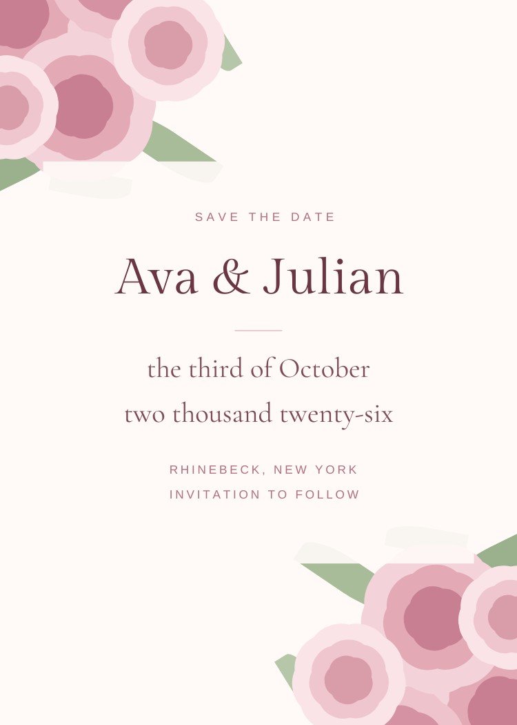 Peony Border — floral blush save the date template, editable in Canva