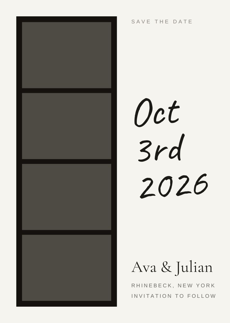 Photobooth Strip — retro black and white save the date template, editable in Canva