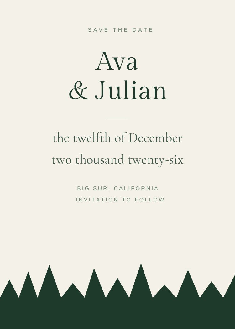 Pine Forest — minimalist emerald green save the date template, editable in Canva
