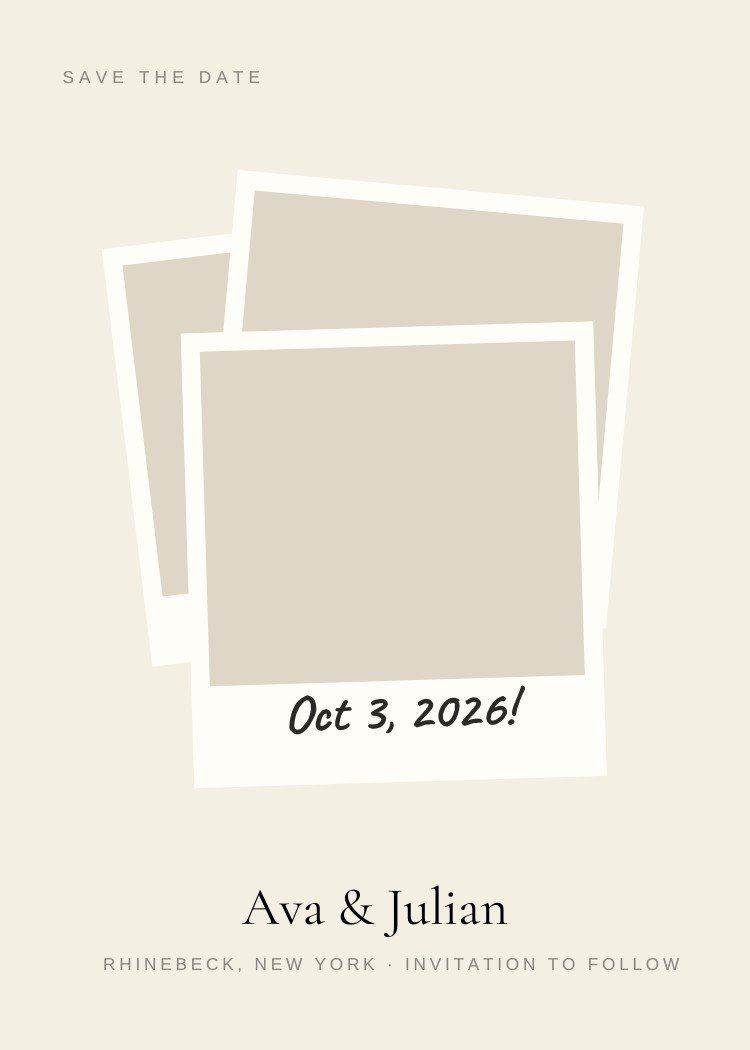 Polaroid Stack — whimsical neutral save the date template, editable in Canva