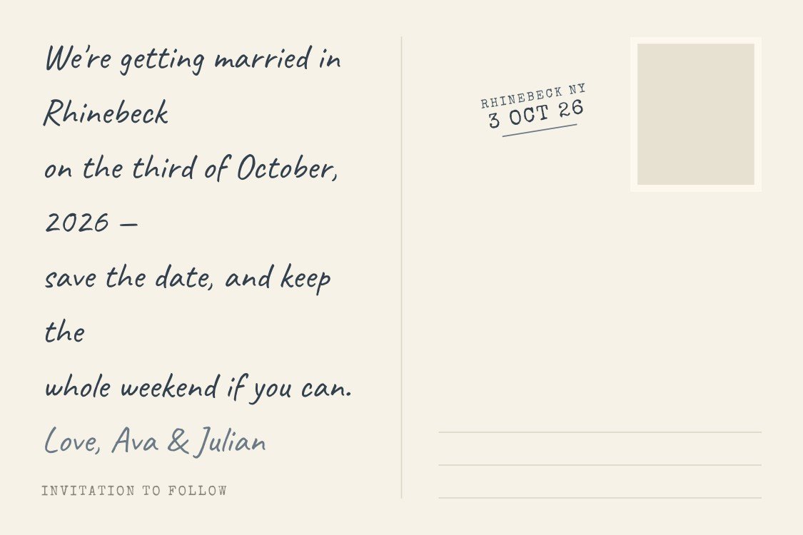 Postcard Back — vintage neutral save the date template, editable in Canva