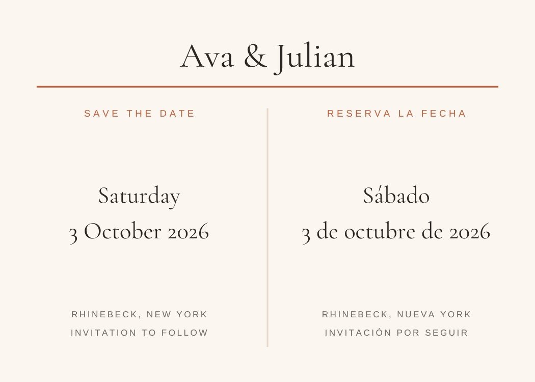 Reserva La Fecha — classic terracotta save the date template, editable in Canva