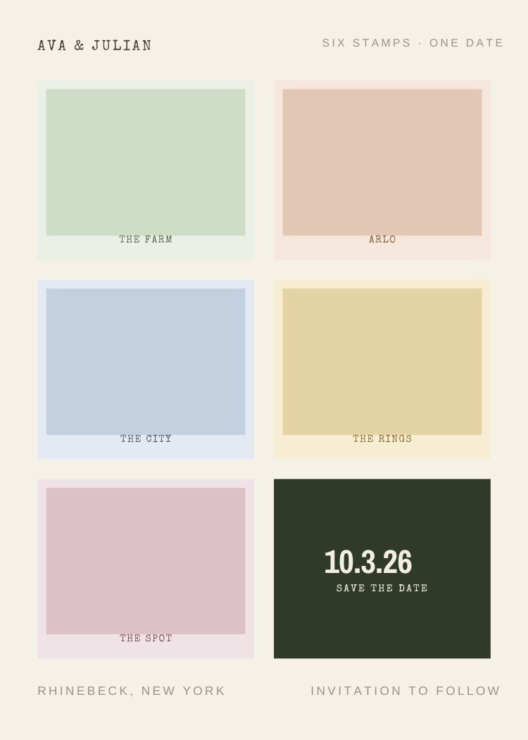 Stamp Set — whimsical colorful save the date template, editable in Canva